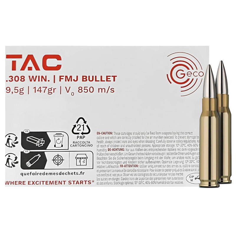 geco 308w tac fmj 147gr munitions cartouches 308