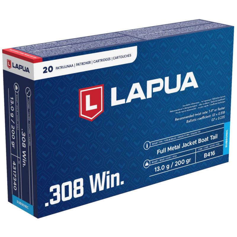 308 Winchester 200 grain Subsonic FMJBT Brass munitions lapua 308w